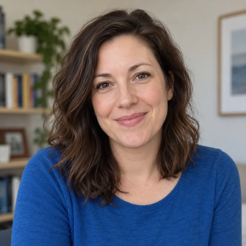 The creator of I Post About ADHD, smiling at home in a blue sweater