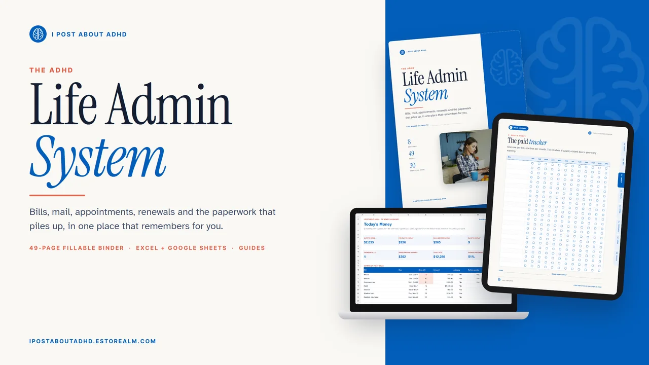 The ADHD Life Admin System binder shown on a tablet and laptop